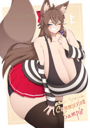 Rule 34 | 1girl, animal ears, bare shoulders, black panties, blue eyes, border, breasts, brown hair, candy, cleavage, commission, cowboy shot, english text, female focus, food, fox ears, fox girl, fox tail, gigantic breasts, grin, highres, holding candy, holding food, holding lollipop, lollipop, looking at viewer, miniskirt, one eye closed, outline, panties, polka dot, polka dot background, red skirt, shirt, skirt, smile, solo, standing, striped clothes, striped shirt, tail, thick thighs, thighhighs, thighs, underwear, white border, white outline, wide hips, wink, yasume (cheap melon soda), yellow background, zettai ryouiki