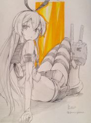 Rule 34 | 10s, 1girl, 2016, arm support, artist name, bad id, bad twitter id, bow, cannon, dated, elbow gloves, eyebrows, from behind, gloves, graphite (medium), hair bow, kantai collection, knees up, long hair, looking at viewer, looking back, machinery, marker (medium), midriff, miniskirt, monochrome, paper background, pemu, pomon illust, rensouhou-chan, sailor collar, shimakaze (kancolle), shirt, sitting, skirt, sleeveless, sleeveless shirt, solo, spot color, striped clothes, striped thighhighs, thighhighs, traditional media, turret, twitter username, zettai ryouiki