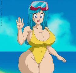 Rule 34 | 1girl, absurdres, bare shoulders, blindstash, blue eyes, blue hair, blue sky, bouncing breasts, breasts, casual one-piece swimsuit, cleavage, cloud, curvy, derivative work, diving mask, diving mask on head, dragon ball, dragonball z, goggles, goggles on head, happy, highleg, highleg swimsuit, highres, house, large breasts, long hair, looking at viewer, maron (dragon ball), maron redraw challenge (meme), meme, meme attire, one-piece swimsuit, plump, salute, screenshot redraw, shiny skin, sky, smile, swimsuit, water, wide hips, yellow one-piece swimsuit
