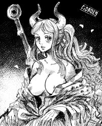 Rule 34 | 1girl, absurdres, artist name, breasts, cidades, club, club (weapon), collarbone, curled horns, greyscale, hair ornament, hair stick, hand rest, highres, horns, japanese clothes, kanabou, kimono, large breasts, lips, long hair, long sleeves, looking at viewer, monochrome, multicolored horns, nipples, no bra, off shoulder, one piece, oni, open mouth, ponytail, sitting, solo, stomach, very long hair, weapon, yamato (one piece)