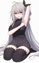 1girl ahoge arknights arm_up armpits bare_arms bare_shoulders bead_necklace beads belt black_belt black_ribbon black_shirt black_shorts black_thighhighs breasts commentary commission grey_hair hair_ribbon highres hyeroin jewelry large_breasts long_hair looking_at_viewer necklace no_shoes one_side_up open_mouth pixiv_commission presenting_armpit red_eyes ribbon seiza shaded_face shirt short_shorts shorts simple_background sitting skadi_(arknights) sleeveless sleeveless_shirt solo thighhighs thighs v very_long_hair white_background