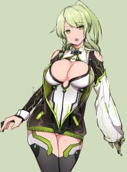 Rule 34 | 1girl, black gloves, black thighhighs, bodysuit, braid, breasts, chestnut mouth, cleavage, detached sleeves, gloves, green background, green eyes, green hair, highres, large breasts, leotard, long hair, looking at viewer, mechanical arms, open mouth, original, partially fingerless gloves, ponytail, science fiction, see-through, side braid, simple background, single mechanical arm, solo, teeth, thighhighs, unzipped, xiujia yihuizi, zipper