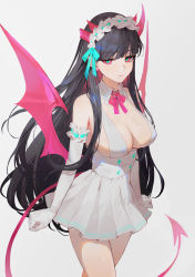 Rule 34 | 1girl, absurdres, bare shoulders, black hair, blunt bangs, breasts, cleavage, closed mouth, colored sclera, commentary, demon horns, demon tail, detached collar, dress, elbow gloves, frilled gloves, frills, gloves, green eyes, headdress, highres, horns, long hair, looking at viewer, mole, mole under mouth, neck ribbon, original, pink horns, pink ribbon, pink wings, red sclera, revision, ribbon, seizou hidzuke, short dress, sidelocks, simple background, solo, standing, symbol-only commentary, tail, white background, white dress, white gloves, wings
