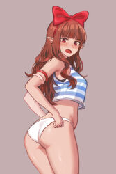 Rule 34 | 1girl, armpit crease, ass, bare shoulders, blue shirt, blunt bangs, blush, bow, breasts, brown background, brown hair, commission, cowboy shot, crop top, crop top overhang, embarrassed, fang, from side, hair bow, highres, long hair, looking at viewer, looking to the side, no pants, open mouth, original, panties, pointy ears, red eyes, shirt, simple background, sleeveless, sleeveless shirt, small breasts, solo, standing, striped clothes, striped shirt, sweatdrop, thighs, underwear, v-shaped eyebrows, wavy hair, wedgie, white panties, yareen