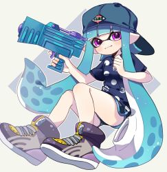 Rule 34 | 1girl, aqua hair, backwards hat, bad id, bad twitter id, baseball cap, black footwear, black shorts, blue hair, blue shirt, blunt bangs, closed mouth, commentary, dolphin shorts, full body, gym shorts, hat, holding, holding weapon, inkling, inkling (language), inkling girl, inkling player character, invisible chair, legs up, logo, long hair, looking at viewer, maco spl, nintendo, pointy ears, polka dot, polka dot shirt, purple eyes, shirt, short shorts, short sleeves, shorts, sitting, smile, solo, splatoon (series), splatoon 2, splattershot jr (splatoon), straight-laced footwear, t-shirt, weapon