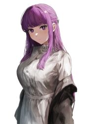 Rule 34 | 1girl, black coat, blunt bangs, breasts, closed mouth, coat, dress, expressionless, fern (sousou no frieren), highres, large breasts, long hair, looking at viewer, open clothes, open coat, purple hair, raberu ruru, simple background, solo, sousou no frieren, turtleneck, turtleneck dress, upper body, white background, white dress