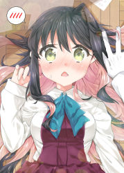 Rule 34 | 1girl, black hair, blue neckwear, blush, breasts, chestnut mouth, commentary request, dress, fang, gloves, green eyes, hair ribbon, k hiro, kabedon, kantai collection, long hair, long sleeves, looking at viewer, lying, medium breasts, multicolored hair, naganami (kancolle), on back, open mouth, paper, pink hair, pov, ribbon, school uniform, shirt, sleeveless, sleeveless dress, solo focus, spoken blush, triangle mouth, two-tone hair, white gloves, white shirt, wooden floor