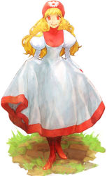 Rule 34 | 1girl, blonde hair, blush, breasts, dragon quest, dragon quest ii, dress, hood, long hair, mitosa, open mouth, princess of moonbrook, red eyes, smile, solo