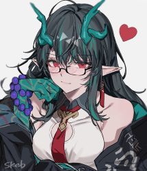 Rule 34 | 1girl, aogisa, arknights, bare shoulders, bead bracelet, beads, bespectacled, black-framed eyewear, black coat, black hair, blush, bracelet, breasts, cleavage cutout, closed mouth, clothing cutout, coat, colored skin, commission, covered collarbone, dragon horns, dress, dusk (arknights), earrings, glasses, green hair, green skin, heart, highres, horns, jewelry, long hair, long sleeves, looking at viewer, medium breasts, multicolored hair, necktie, open clothes, open coat, pointy ears, red eyes, red necktie, semi-rimless eyewear, simple background, skeb commission, smile, solo, streaked hair, two-tone hair, under-rim eyewear, upper body, white background, white dress