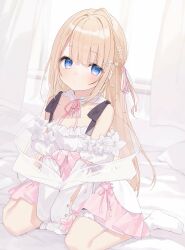 Rule 34 | 1girl, absurdres, bare shoulders, bed, blonde hair, blue eyes, blush, breasts, buran buta, commission, dress, hair ornament, hairclip, highres, indie virtual youtuber, long hair, looking at viewer, pink dress, second-party source, sitting, small breasts, socks, solo, virtual youtuber, white socks, yukinoshita peo