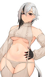 Rule 34 | 1girl, alternate costume, arlecchino (genshin impact), bare shoulders, black eyes, black hair, breasts, commentary, cowboy shot, detached sleeves, genshin impact, grey panties, grey thighhighs, highres, long hair, looking at viewer, medium breasts, meme attire, multicolored hair, navel, panties, simple background, smile, solo, standing, stomach, streaked hair, thighhighs, underboob, underwear, very long hair, virgin destroyer sweater, white background, white hair, yellow glasses (odivichno)