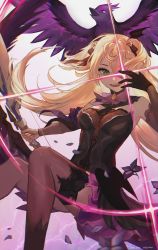 Rule 34 | 1girl, absurdres, bare shoulders, bird, black ribbon, black thighhighs, blonde hair, bow, bow (weapon), breasts, commentary, crow, detached sleeves, english commentary, eyepatch, faeyra, fischl (genshin impact), flower, genshin impact, gloves, green eyes, hair ribbon, highres, holding, holding bow (weapon), holding weapon, leotard, long hair, looking at viewer, medium breasts, open mouth, oz (genshin impact), purple flower, purple neckwear, purple ribbon, ribbon, smile, solo, sparkle, tailcoat, thighhighs, twintails, weapon