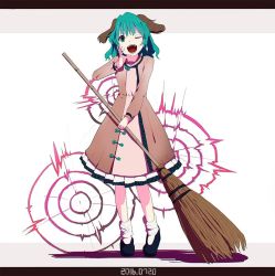 Rule 34 | 1girl, 2016, animal ears, bad id, bad twitter id, bamboo broom, blue footwear, broom, brown dress, covering own mouth, dated, dress, full body, green hair, hand over own mouth, holding, holding broom, kasodani kyouko, letterboxed, long sleeves, looking at viewer, one eye closed, open mouth, shishi osamu, shoes, short hair, shouting, socks, solo, touhou, white background, white socks