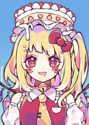 Rule 34 | 1girl, bell, blonde hair, cake, crystal, detached sleeves, embodiment of scarlet devil, flandre scarlet, food, hat, hat ribbon, highres, kyouda suzuka, light blush, long hair, looking at viewer, mob cap, multiple girls, neck bell, necktie, open mouth, red eyes, ribbon, side ponytail, smile, strawberry cake, touhou, wings, yellow necktie