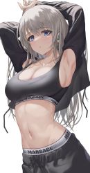 Rule 34 | 1girl, :o, armpits, arms up, black jacket, blue eyes, blush, breasts, cleavage, commentary request, copyright request, earrings, highres, jacket, jewelry, large breasts, long hair, looking at viewer, makamati, midriff, navel, simple background, solo, sports bra, sweat, white background