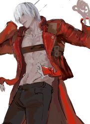 Rule 34 | 1boy, belt, black gloves, blue eyes, chaloobie, coat, dante (devil may cry), devil may cry, devil may cry (series), devil may cry 3, fingerless gloves, gloves, holding, long sleeves, looking at viewer, male focus, red coat, simple background, smile, solo, white hair