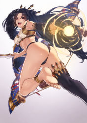 Rule 34 | 1girl, anklet, ass, back, bare shoulders, barefoot, black hair, black thighhighs, breasts, crown, detached sleeves, earrings, fate/grand order, fate (series), gradient background, hair ribbon, highres, hoop earrings, ishtar (fate), jewelry, long hair, looking at viewer, looking back, medium breasts, midriff, mugetsu2501, navel, open mouth, parted bangs, red eyes, ribbon, simple background, single sleeve, single thighhigh, smile, solo, stomach, teeth, thighhighs, thighs, toes, twisted torso, two side up