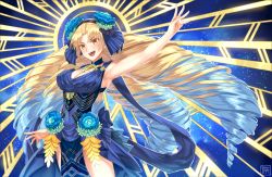 Rule 34 | 1girl, astraea (fate), blonde hair, blue hair, blush, breasts, cleavage, commentary request, dress, dress flower, drill hair, fate/grand order, fate (series), flower, fumato, gradient hair, highres, large breasts, long hair, looking at viewer, luviagelita edelfelt, multicolored hair, open mouth, smile, solo, very long hair, yellow eyes
