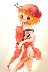Rule 34 | 1girl, aki minoriko, apron, arinu, ass, bare shoulders, blonde hair, blush, breasts, food, from behind, fruit, grapes, hat, looking back, naked apron, red eyes, short hair, simple background, smile, solo, touhou