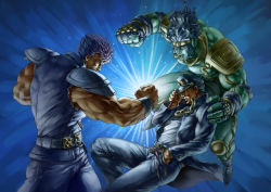 Rule 34 | 3boys, :d, adjusting clothes, adjusting headwear, armband, armor, battle, belt, belt buckle, black hair, bracer, buckle, chain, clenched hand, colored skin, company connection, cowboy shot, crossover, denim, epic, fingerless gloves, gloves, green skin, hand in pocket, hand on another&#039;s shoulder, hat, hokuto no ken, jacket, jeans, jojo no kimyou na bouken, kenshiro, knee pads, kuujou joutarou, light rays, long coat, male focus, manly, multiple boys, muscular, open clothes, open jacket, open mouth, pants, pauldrons, shoulder armor, shoulder pads, shounen jump, simulex, smile, stand (jojo), standing, star platinum