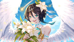 Rule 34 | 1boy, alternate costume, androgynous, bare shoulders, black hair, blue hair, braid, cloud, cloudy sky, collarbone, comet, crop top, day, elbow gloves, feathered wings, feathers, flower, genshin impact, gloves, gradient hair, green eyes, hair flower, hair ornament, holding, holding flower, leaf, light particles, looking at viewer, male focus, multicolored hair, open mouth, outdoors, short hair with long locks, sky, sleeveless, smile, solo, twin braids, venti (archon) (genshin impact), venti (genshin impact), white flower, white gloves, wings, yunduan