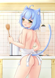 Rule 34 | 1girl, absurdres, ahoge, animal ears, apron, ass, atlanta (warship girls r), blue hair, breasts, cat ears, cat tail, highres, indoors, kitchen, naked apron, pot, short hair, small breasts, solo, standing, tail, warship girls r, white apron, william.b, yellow eyes