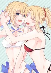 Rule 34 | 2girls, 9tsumura, ahoge, armpits, artoria pendragon (all), artoria pendragon (fate), artoria pendragon (swimsuit archer) (fate), bare arms, bare shoulders, between breasts, bikini, blonde hair, blush, bra, breasts, breasts apart, cheek-to-cheek, closed eyes, contemporary, fang, fate/apocrypha, fate/grand order, fate/stay night, fate (series), green eyes, hair between eyes, hair bun, hair ornament, hair scrunchie, hair tie, happy, heads together, high ponytail, holding hands, hug, long hair, looking at another, midriff, mordred (fate), mordred (fate) (all), mordred (fate/apocrypha), mordred (swimsuit rider) (fate), mother and daughter, multiple girls, navel, open mouth, panties, parent and child, ponytail, red bikini, red bra, ribbon, saber (fate), scrunchie, sideboob, smile, standing, stomach, string bikini, string tie, swimsuit, teeth, tongue, underwear, white bikini, white bra, white panties
