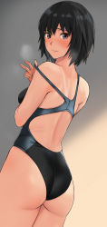 Rule 34 | 1girl, amagami, ass, black hair, black one-piece swimsuit, blush, breasts, commentary request, competition swimsuit, from behind, highres, looking at viewer, medium breasts, nanasaki ai, one-piece swimsuit, short hair, smile, solo, sweatdrop, swimsuit, yoo tenchi