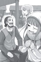 Rule 34 | 1girl, 2boys, :d, ;d, ayakura juu, beard, collarbone, craft lawrence, facial hair, floating hair, greyscale, hands on lap, holo, hood, laughing, long hair, looking away, marc cole, monochrome, multiple boys, novel illustration, official art, one eye closed, open mouth, pants, scarf, shirt, short ponytail, sitting, sleeveless jacket, smile, spice and wolf, standing, sweatdrop, tears