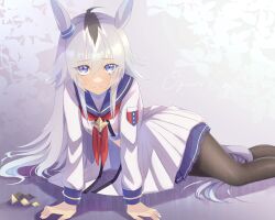 Rule 34 | 1girl, ahoge, all fours, animal ears, arm support, black pantyhose, blue eyes, blue skirt, breasts, coat, feet out of frame, frown, grey hair, hair ornament, highres, horse ears, horse girl, horse tail, long hair, long sleeves, looking at viewer, multicolored hair, neckerchief, oguri cap (umamusume), pantyhose, parted lips, red neckerchief, sailor collar, skirt, small breasts, solo, streaked hair, tail, tearing up, tears, umamusume, unworn hair ornament, urewi, white coat, white skirt