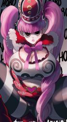 Rule 34 | 1girl, alternate breast size, blush, breasts, cameltoe, crown, highres, lips, long hair, looking at viewer, navel, noblood (ryandomonica), one piece, perona, pink hair, pout, pouting, pouty lips, skirt, squatting, striped clothes, striped thighhighs, thick lips, thick thighs, thighhighs, thighs, twintails, very long hair, wide hips