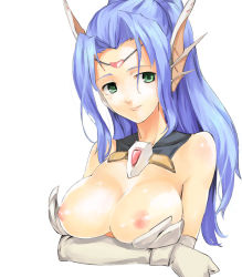 Rule 34 | 10s, 1girl, blue hair, breast hold, breasts, busou shinki, crossed arms, elbow gloves, file17, framed breasts, gloves, green eyes, ianeira, large breasts, long hair, nipples, pointy ears, ponytail, solo, u (the unko)