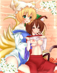 Rule 34 | 2girls, animal ears, bad id, blonde hair, blush, grabbing another&#039;s breast, breast lift, breasts, brown hair, cat ears, cat girl, cat tail, chen, clothes lift, couple, covered erect nipples, earrings, eyes visible through hair, female focus, finger in another&#039;s mouth, finger sucking, fox ears, fox tail, from behind, grabbing, green eyes, hat, highres, huge nipples, jewelry, large breasts, multiple girls, multiple tails, navel, nipples, noumin, reach-around, red eyes, red hair, shirt lift, smile, sugamo, tail, touhou, yakumo ran, yuri