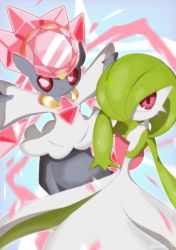 Rule 34 | 2girls, arm up, arms up, artist name, blue background, blue sky, bob cut, closed mouth, colored skin, creatures (company), crystal, day, diancie, female focus, flat chest, game freak, gardevoir, gen 3 pokemon, gen 6 pokemon, green hair, green skin, grey skin, hair over one eye, highres, kanoi 70, legendary pokemon, looking to the side, multicolored skin, multiple girls, mythical pokemon, nintendo, one eye covered, outdoors, outline, outstretched arms, petals, pink eyes, pokemon, pokemon (creature), red eyes, short hair, signature, sky, standing, twitter username, two-tone skin, white outline, white skin