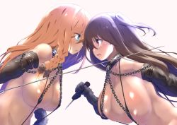 Rule 34 | 2girls, :o, angry, areola slip, armor, bad id, bad pixiv id, bikini armor, black bow, blonde hair, blue eyes, blush, bow, braid, breasts, brown hair, capelet, chain, cleavage, collar, dagger, elbow gloves, fighting, fighting stance, gloves, hair bow, heads together, huge breasts, knife, large areolae, large breasts, leaning forward, long hair, long sword, looking at another, multiple girls, navel, open mouth, original, red eyes, shiroie mika, short ponytail, side ponytail, sidelocks, simple background, slingshot swimsuit, swimsuit, sword, upper body, weapon, white background