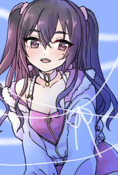Rule 34 | 1girl, akira-iwata, character request, choker, highres, idolmaster, long hair, looking to the side, mole, mole under eye, open clothes, open mouth, purple eyes, purple hair, solo, string, thread, twintails
