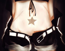 Rule 34 | 10s, 1girl, belt, black rock shooter, black rock shooter (character), close-up, female focus, highres, midriff, navel, scar, solo, star (symbol), stomach, tagme, undone