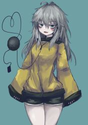 Rule 34 | 1girl, :d, alternate costume, bags under eyes, blue background, cable, cowboy shot, earphones, eyeball, fang, green eyes, green shorts, grey hair, hair between eyes, heart, heart of string, highres, komeiji koishi, long hair, long sleeves, looking at viewer, no headwear, open mouth, phone, reverinth, shirt, shorts, sidelocks, simple background, sleeves past wrists, smile, solo, thighs, third eye, touhou, wide sleeves, yellow shirt