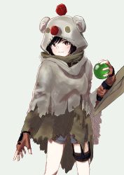 Rule 34 | 1girl, absurdres, black hair, brown eyes, brown gloves, button eyes, buttons, cape, cloak, feet out of frame, final fantasy, final fantasy vii, fingerless gloves, gloves, grey background, grey shorts, highres, holding, hood, hood up, lamune otohara, legband, light smile, materia, moogle, short hair, shorts, simple background, solo, torn cape, torn clothes, yuffie kisaragi