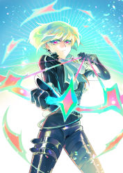 Rule 34 | 1boy, androgynous, arrow (projectile), ascot, bae (baebae), black gloves, black jacket, bow (weapon), diffraction spikes, drawing bow, earrings, fire, floating hair, gloves, green fire, green hair, half gloves, highres, holding, holding bow (weapon), holding weapon, jacket, jewelry, lio fotia, male focus, promare, purple eyes, purple fire, pyrokinesis, solo, weapon