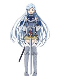 Rule 34 | 1girl, armor, armored boots, blue eyes, blue hair, boots, breasts, detached sleeves, elbow pads, floating hair, full body, garter straps, grey skirt, hands on own hips, log horizon, long hair, looking at viewer, medium breasts, miniskirt, official art, open mouth, reinesia el arte cowen, sheath, skirt, solo, standing, thigh boots, thighhighs, transparent background, very long hair