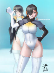 Rule 34 | 10s, 2girls, bad id, bad pixiv id, black hair, blank eyes, blurry, blurry background, breasts, brown eyes, commentary, dated, emperor penguin (kemono friends), hair over one eye, hand on own hip, hand up, headphones, highleg, highleg leotard, kemono friends, king penguin (kemono friends), large breasts, leotard, long hair, looking at viewer, multicolored hair, multiple girls, orange hair, pandacron, smile, thighhighs, two-tone hair, white leotard