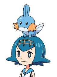 Rule 34 | 1girl, :|, bare shoulders, black one-piece swimsuit, blue eyes, blue hair, blue sailor collar, blush, bright pupils, closed mouth, collarbone, creatures (company), flipped hair, game freak, gen 3 pokemon, hairband, lana (pokemon), matching hair/eyes, mudkip, nintendo, noske, on head, one-piece swimsuit, pokemon, pokemon (creature), pokemon on head, pokemon sm, sailor collar, shirt, short hair, simple background, sleeveless, sleeveless shirt, swimsuit, swimsuit under clothes, trial captain, upper body, white background, white shirt