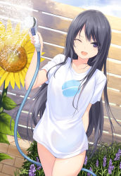 Rule 34 | 1girl, :d, arm behind back, black hair, brick, coffee-kizoku, commentary request, cowboy shot, day, fence, flower, highres, holding, holding hose, hose, leaf, long hair, looking at viewer, one eye closed, open mouth, original, outdoors, purple eyes, shirt, short sleeves, simple background, smile, solo, sunflower, thighs, white shirt, wooden fence