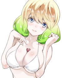 Rule 34 | 1girl, bare shoulders, between breasts, bikini, blonde hair, blue eyes, blush, breasts, chocolate, cleavage, collarbone, food, green hair, highres, large breasts, multicolored hair, otomi mayura, simple background, solo, sousei no onmyouji, sukeno yoshiaki, swimsuit, tongue, tongue out, two-tone hair, white background, white bikini