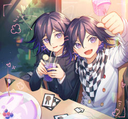 Rule 34 | 2boys, :d, absurdres, animal ears, arm up, black jacket, buttons, cake, card, cat ears, checkered clothes, checkered scarf, clenched hand, commentary request, cup, danganronpa (series), danganronpa v3: killing harmony, double-breasted, drinking glass, drinking straw, dual persona, ewa (seraphhuiyu), fake animal ears, fake whiskers, fang, food, grey jacket, hair between eyes, hands up, highres, holding, huge filesize, indoors, jacket, long sleeves, looking at viewer, male focus, multiple boys, official alternate costume, open mouth, oma kokichi, parted lips, plant, purple eyes, purple hair, scarf, sitting, skull print, smile, soda, teeth, upper teeth only, white jacket
