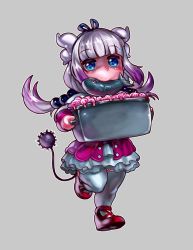 Rule 34 | 1girl, black bow, black hairband, blunt bangs, bow, bucket, dragon girl, dragon horns, dragon tail, fish, food in mouth, full body, hair bobbles, hair ornament, hairband, highres, horns, kanna kamui, kobayashi-san chi no maidragon, light purple hair, low twintails, mouth hold, running, shrimp, skirt, solo, tail, thighhighs, twintails, voodoothur
