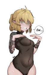 Rule 34 | 1girl, ahoge, alternate costume, arm tattoo, bad id, bad pixiv id, black leotard, blonde hair, braid, breasts, clenched teeth, commentary, cowboy shot, french braid, green eyes, heattech leotard, highres, leotard, looking at viewer, medium breasts, mizuhashi parsee, mouth hold, nail, pointy ears, short hair, short ponytail, simple background, solo, soya6479, tattoo, teeth, teeth hold, touhou, turtleneck, white background