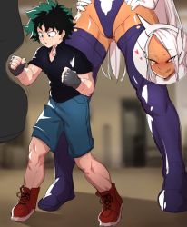 Rule 34 | 1boy, 1girl, age difference, animal ears, ari (ariel lopez550), black gloves, black shirt, blush, boku no hero academia, child, dark-skinned female, dark skin, fingerless gloves, freckles, gloves, green eyes, green hair, groin, hands on own hips, heart, heattech leotard, height difference, imminent penetration, imminent rape, leotard, licking lips, long hair, looking at another, midoriya izuku, mirko, naughty face, onee-shota, punching, punching bag, rabbit ears, rabbit girl, red eyes, shirt, shoes, short hair, short sleeves, shorts, sneakers, sweat, thick thighs, thighhighs, thighs, tongue, tongue out, towering, turtleneck, white gloves, white hair, you gonna get raped