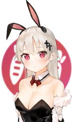 Rule 34 | 1girl, animal ears, bare shoulders, black leotard, blush, bow, bowtie, breasts, cleavage, closed mouth, collar, collarbone, copyright request, cross hair ornament, detached collar, fake animal ears, fur trim, grey hair, hair ornament, highres, idemitsu, leotard, long hair, looking at viewer, medium breasts, playboy bunny, rabbit ears, red bow, red bowtie, red eyes, solo, strapless, strapless leotard, upper body, white background, white collar, wing collar